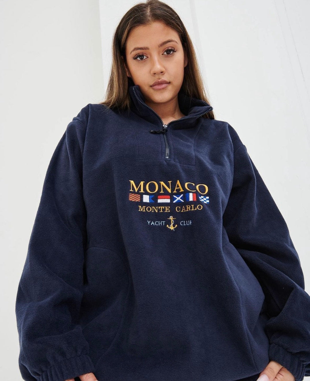 Monaco | Bestickter Pullover mit Reißverschluss