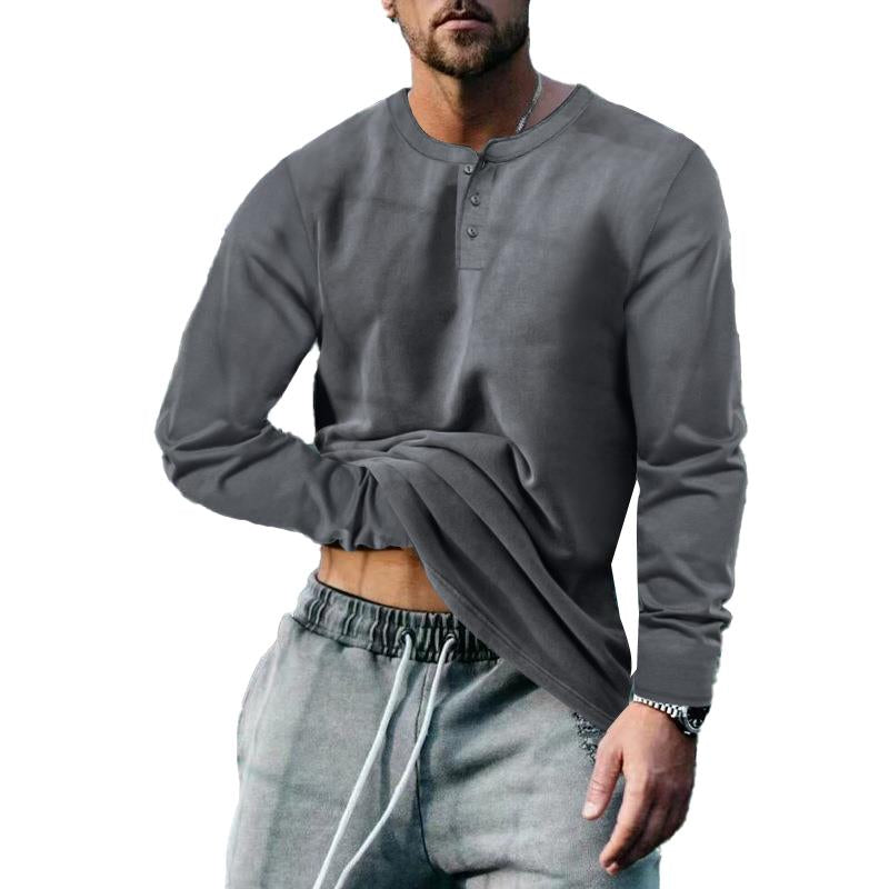 Herren vintage solide henley kragen langarm-t-shirt