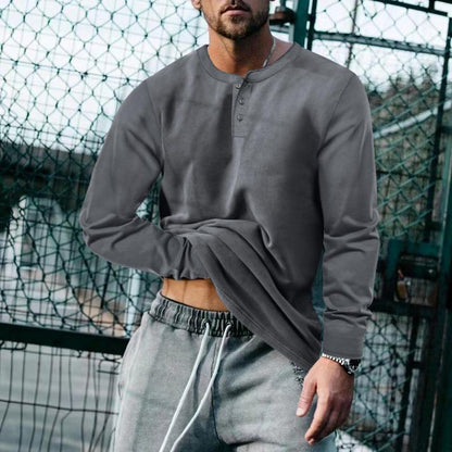 Herren vintage solide henley kragen langarm-t-shirt