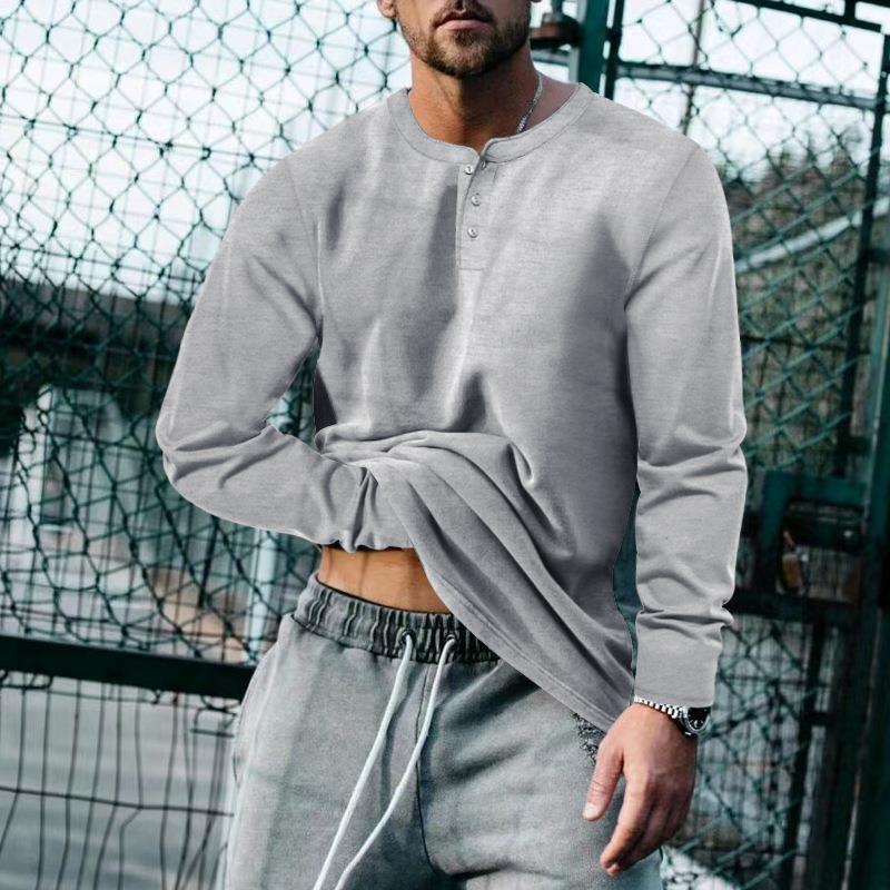 Herren vintage solide henley kragen langarm-t-shirt